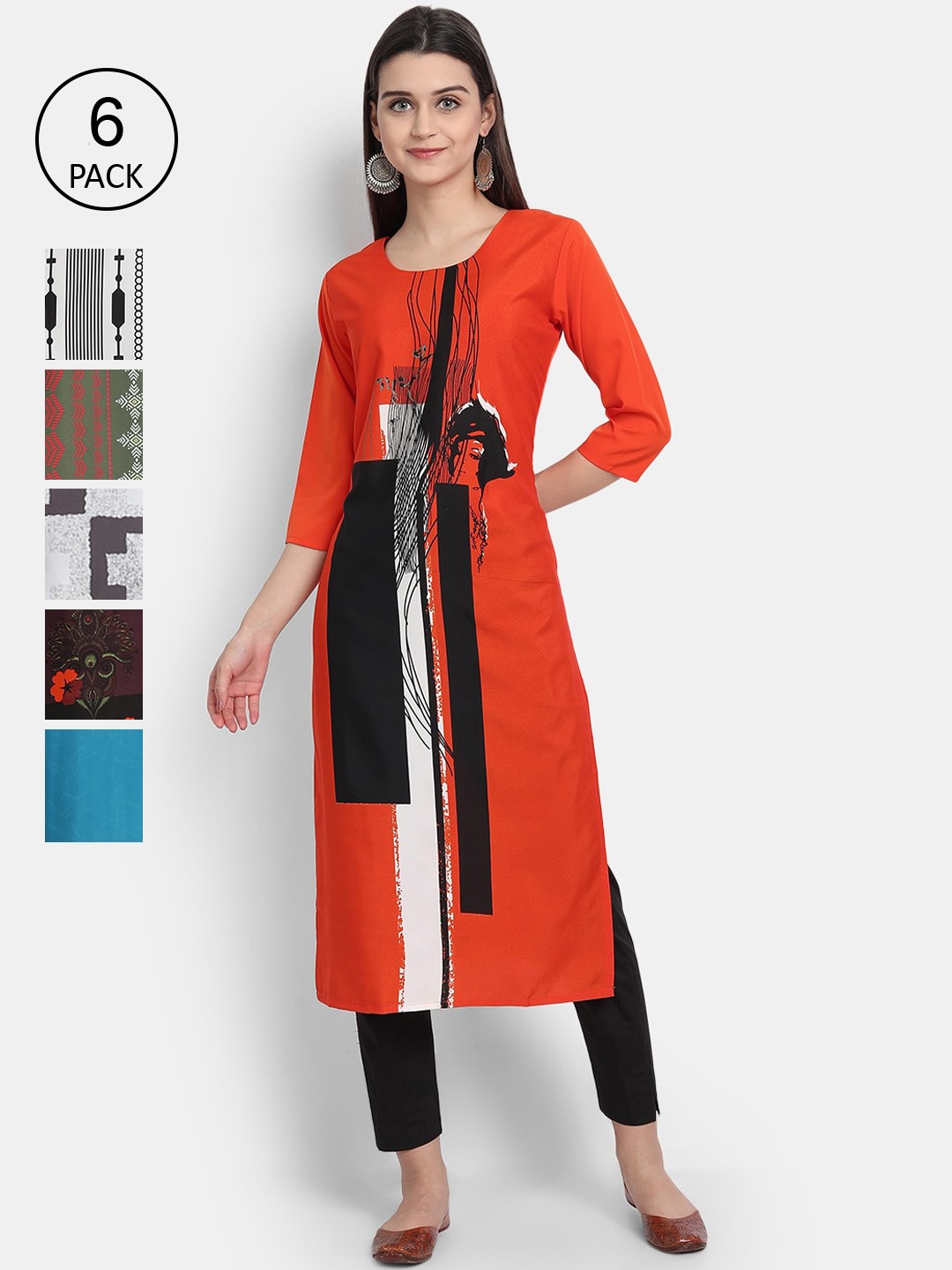 

1 Stop Fashion Women Pack of 6 Digital Print Straight Kurtas, Multi