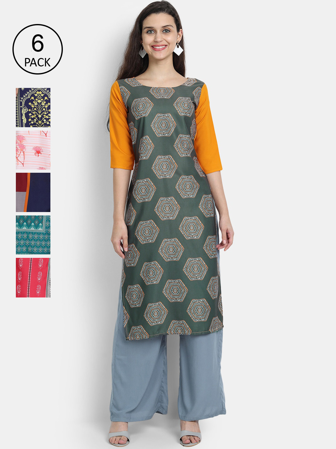 

1 Stop Fashion Women Pack Of 6 Multicoloured Digital Printed Crepe Kurta, Multi
