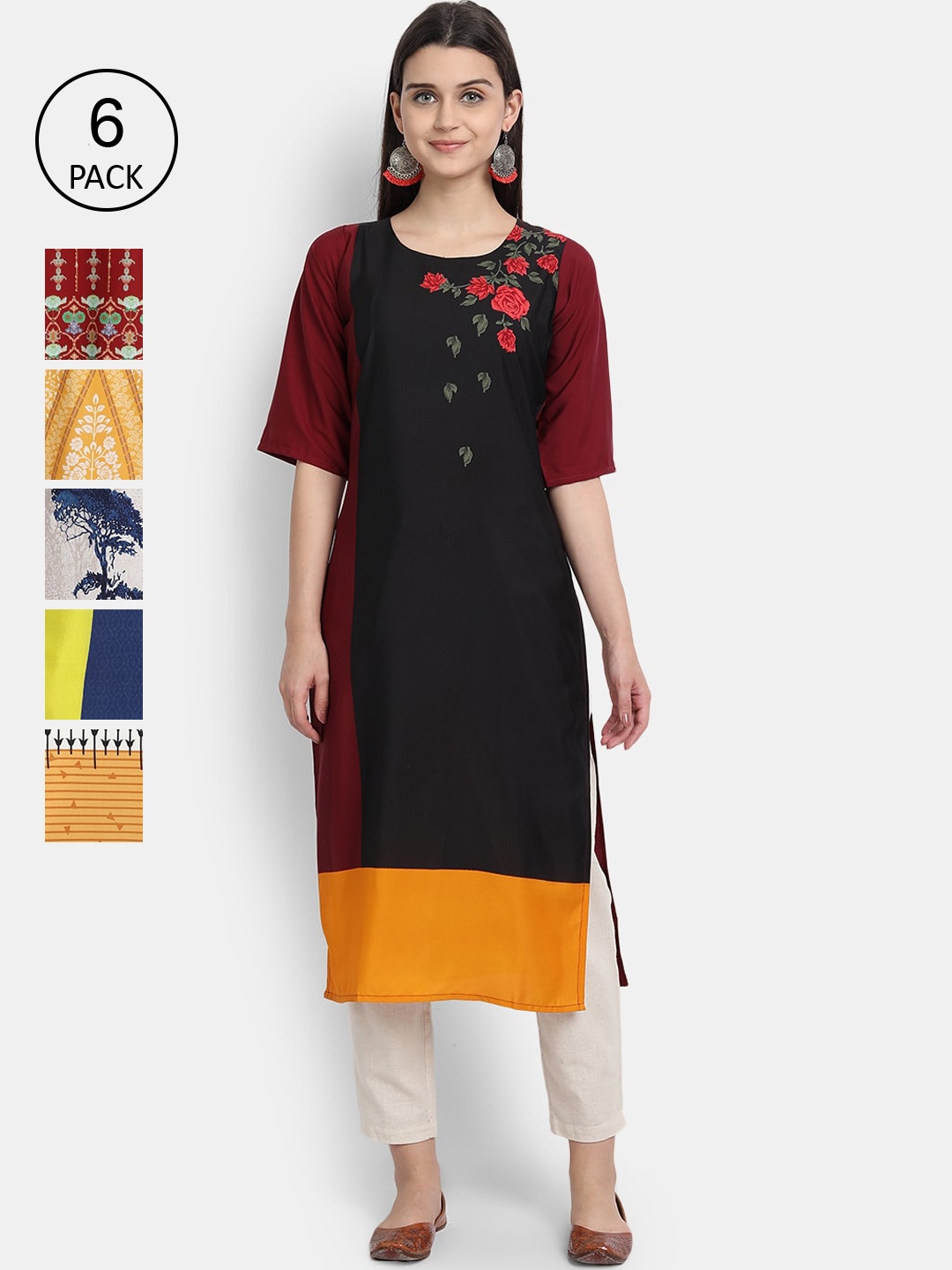 

1 Stop Fashion Women Pack Of 6 Multicoloured Digital Printed Crepe Kurta, Multi