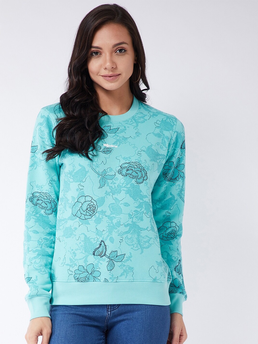 

Modeve Women Blue Floral Printed Cotton Sweatshirt