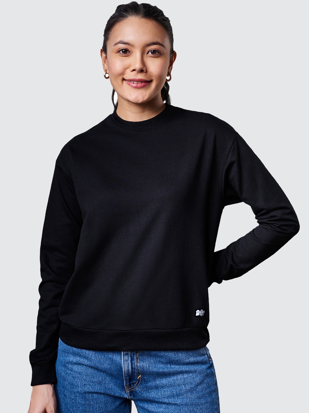 

The Souled Store Women Black Solid Round Neck Cotton Sweatshirt
