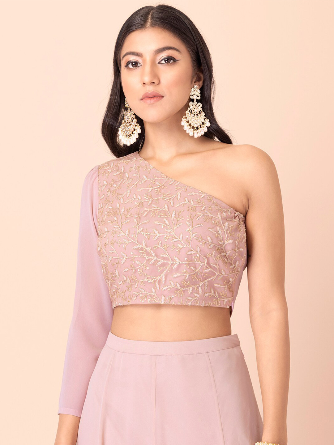 

INDYA Women Pink Floral Embroidered One Shoulder Georgette Crop Top
