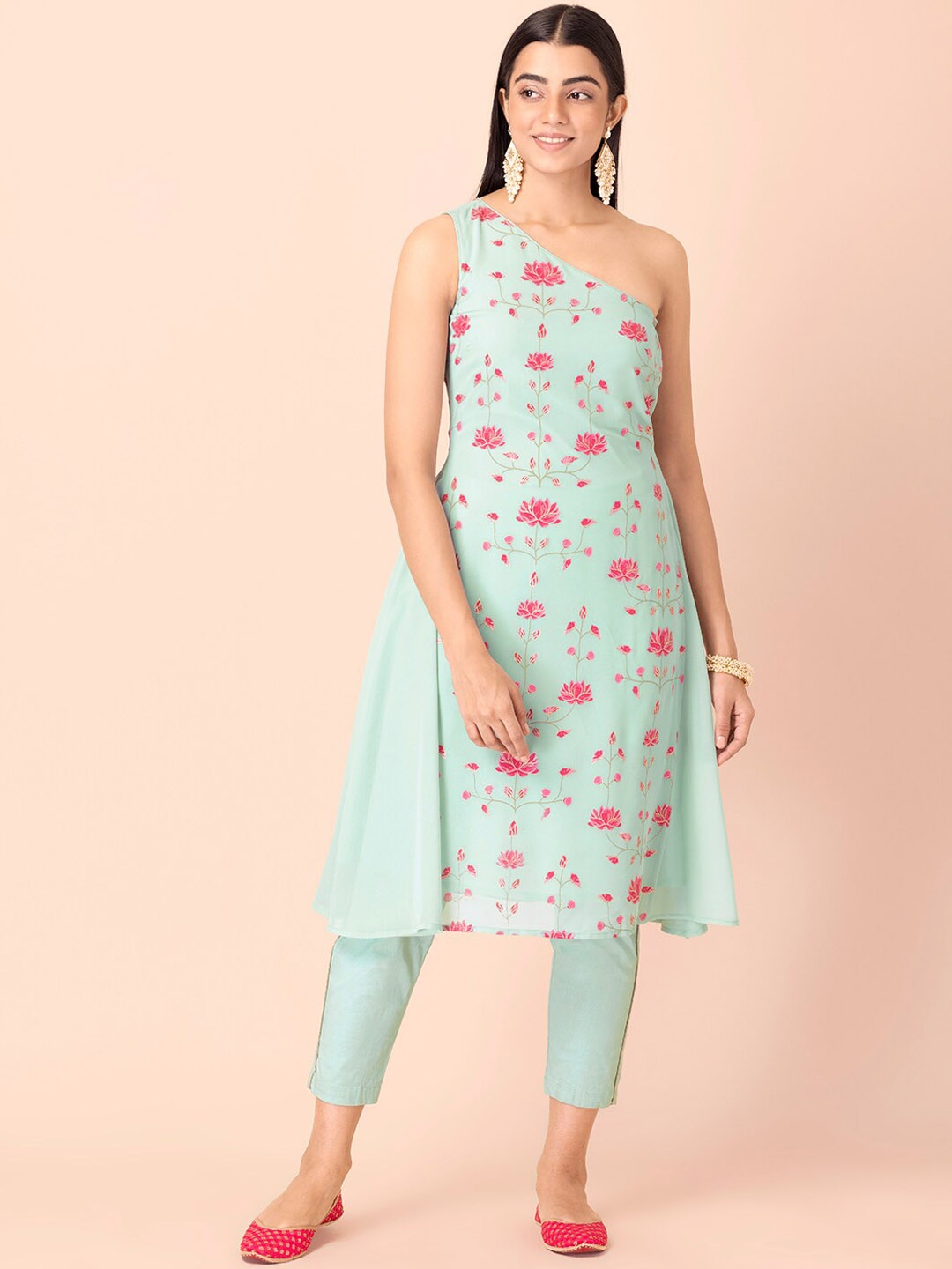 

INDYA Women Green & Pink Sea Foam Floral Foil A-Line Kurta