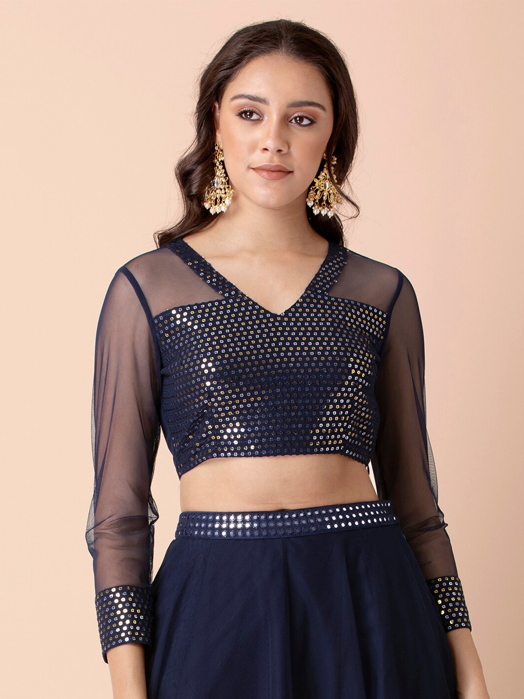

INDYA Blue Embellished Georgette Mesh Sequinned Crop Top