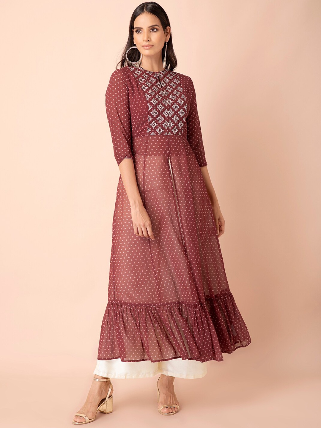 

INDYA Women Maroon Embroidered Mirror Work Georgette Anarkali Kurta