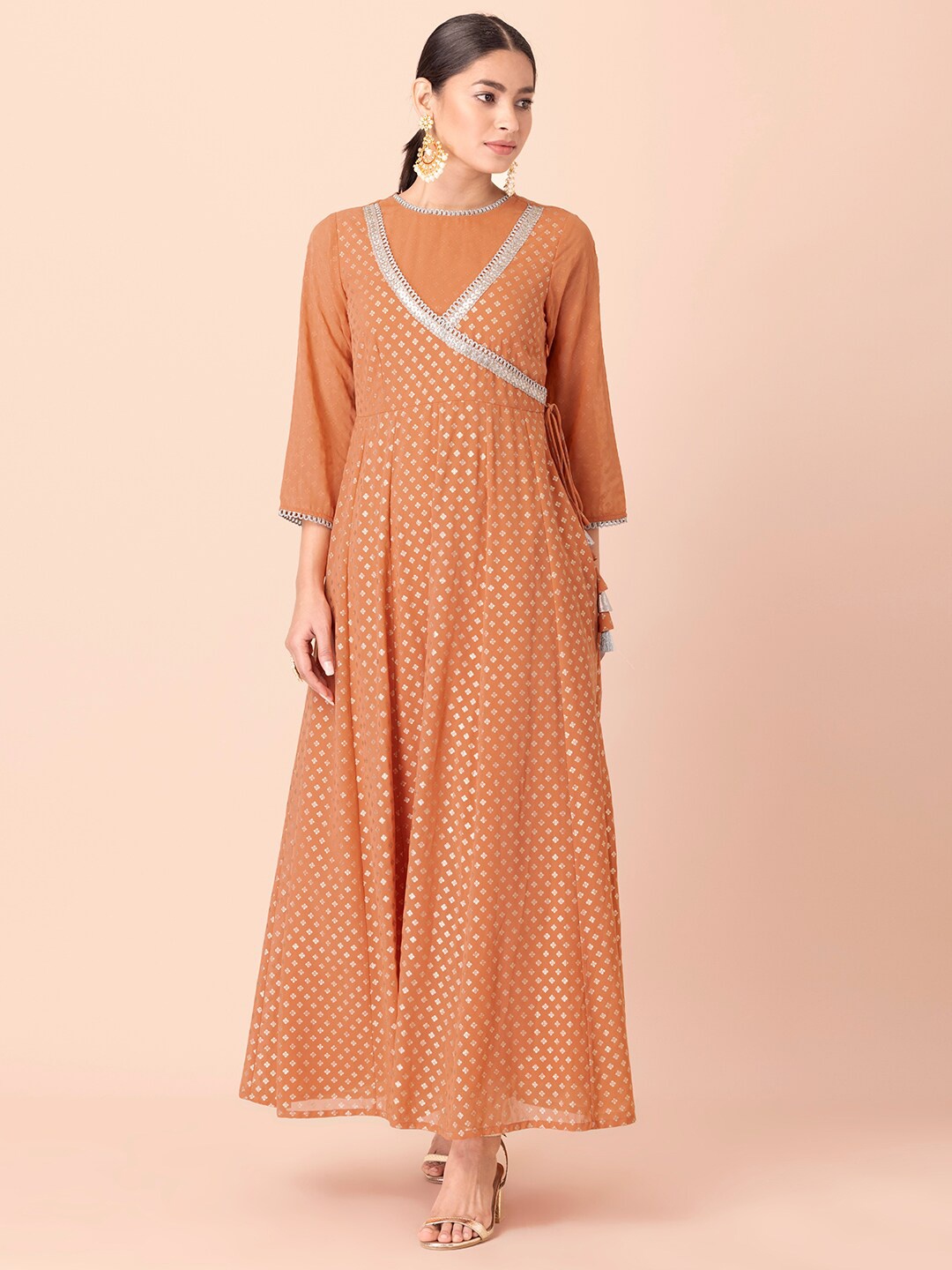 

INDYA Orange Georgette Ethnic Maxi Angrakha Kurta