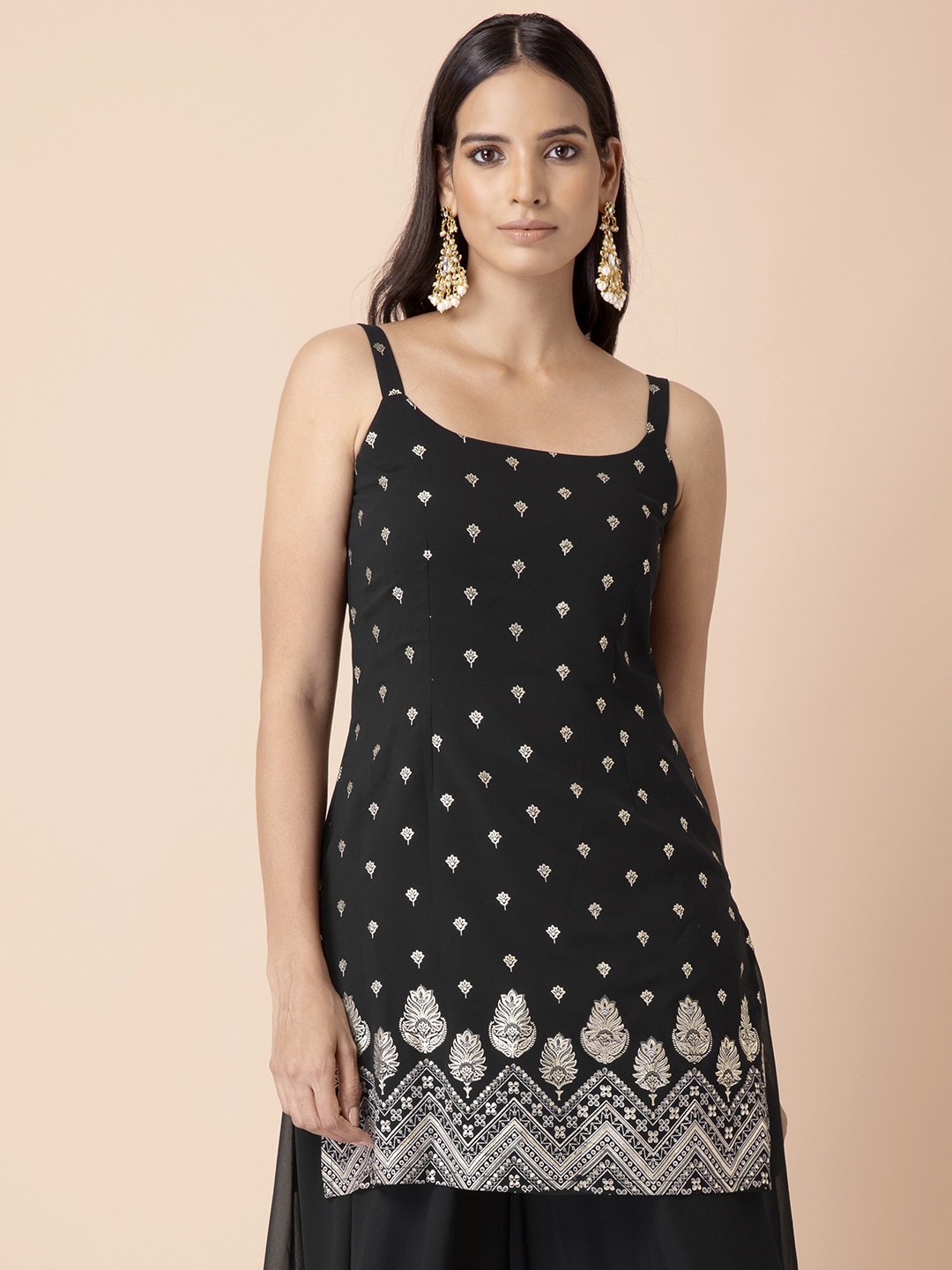 

INDYA Women Black Foil Chevron Strappy Short kurta