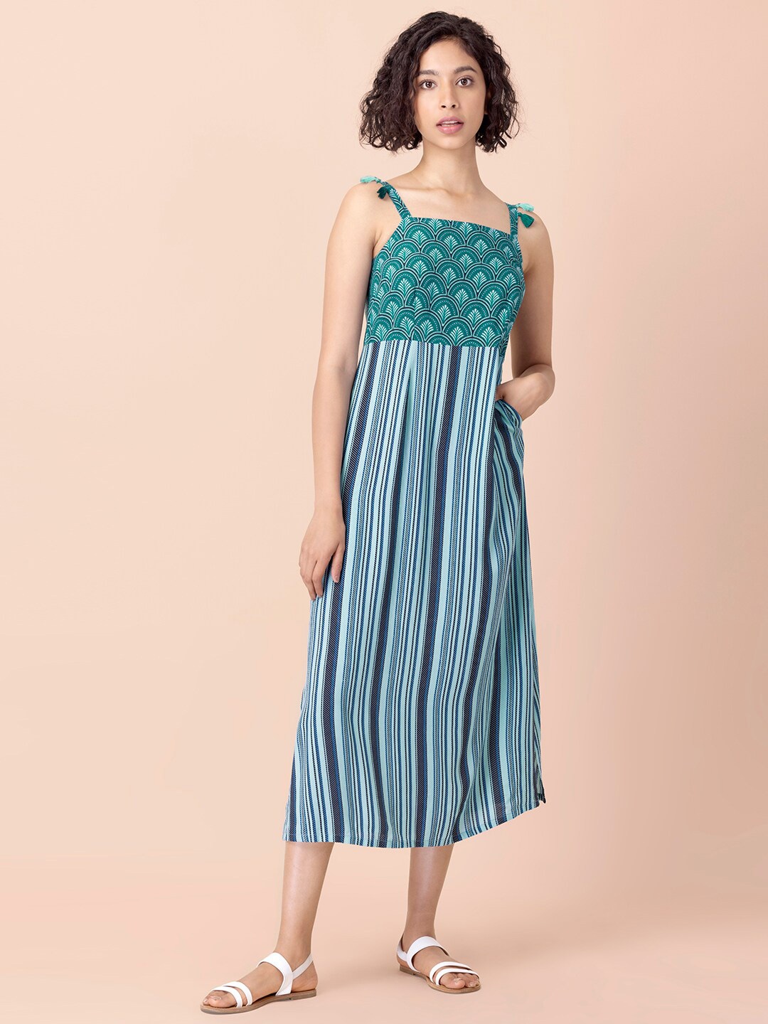 

INDYA Teal Blue Printed Strappy Maxi Dress