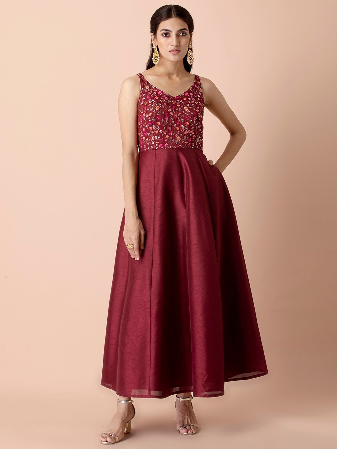 

INDYA Maroon Floral Embroidered Maxi Dress