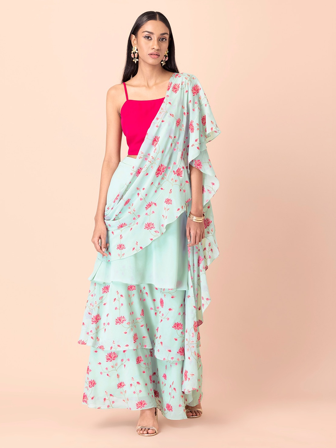 

INDYA Women Blue Printed Sea Foam Floral Ruffled Sari Skirt