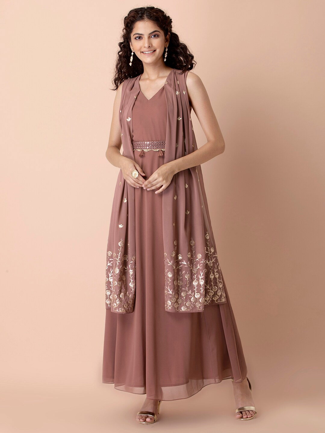 

INDYA Women Pink & Gold-Toned Embroidered Belted Layered Dress