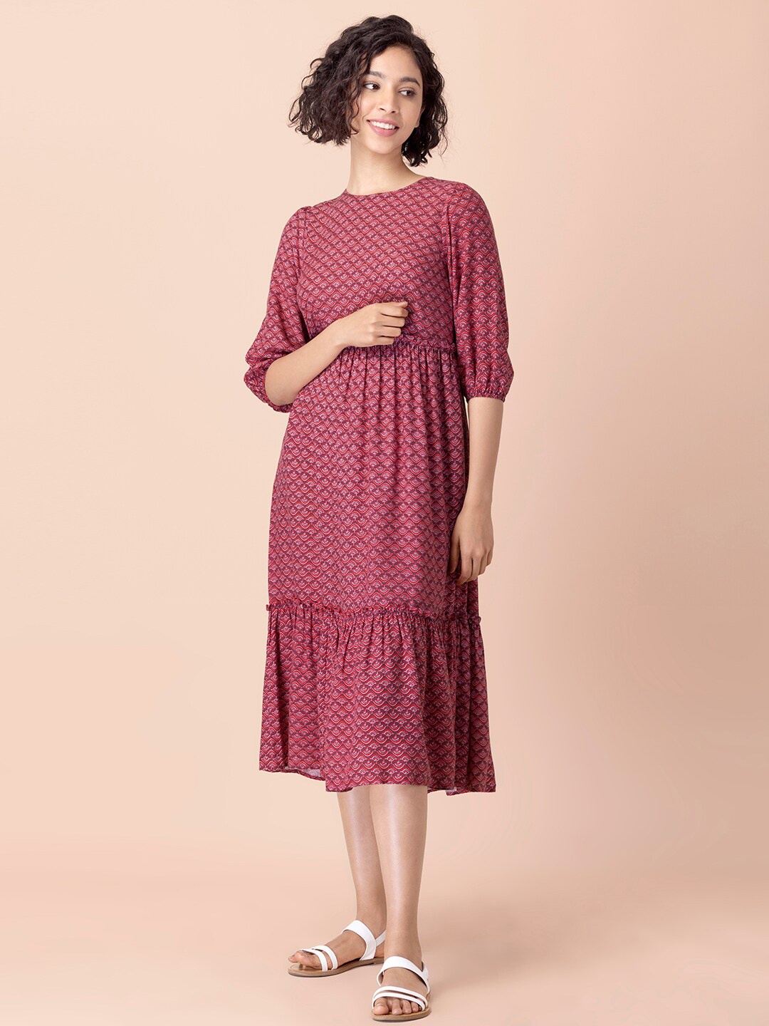 

INDYA Woman Maroon Boota Tiered Midi Dress