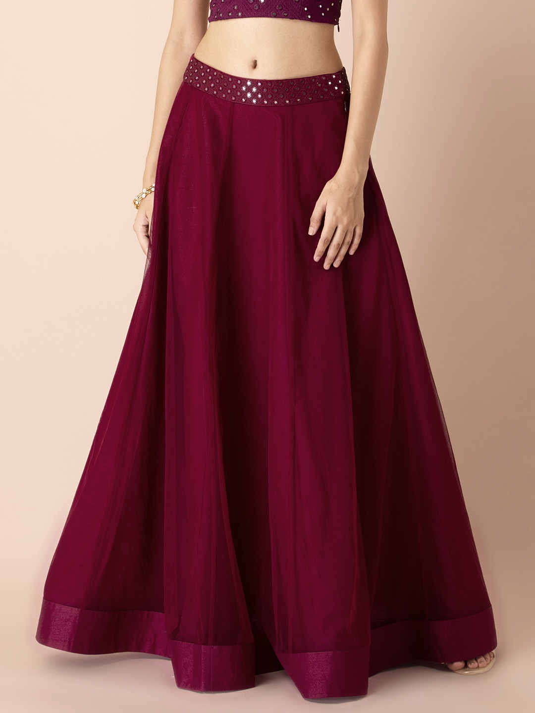 

INDYA for Shraddha Kapoor Women Maroon Embellished Mirror Work Flared Maxi Skirt