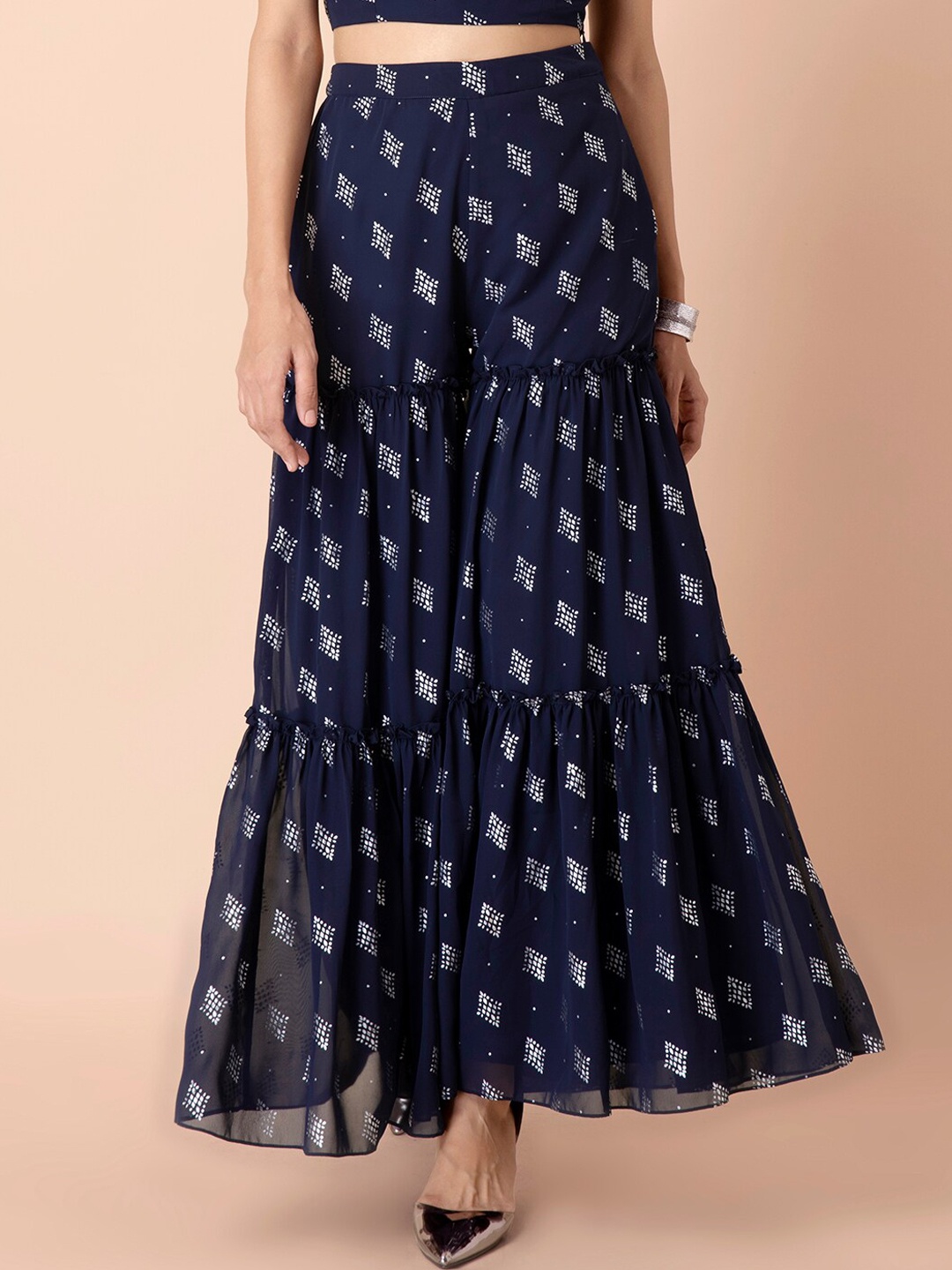 

INDYA Women Blue Ethnic Motifs Printed Flared Ethnic Tiered Sharara