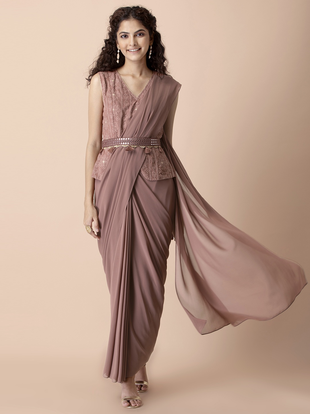 

INDYA Shraddha Kapoor Pink Embroidered Ready to Wear Chikankari Belted Peplum Saree