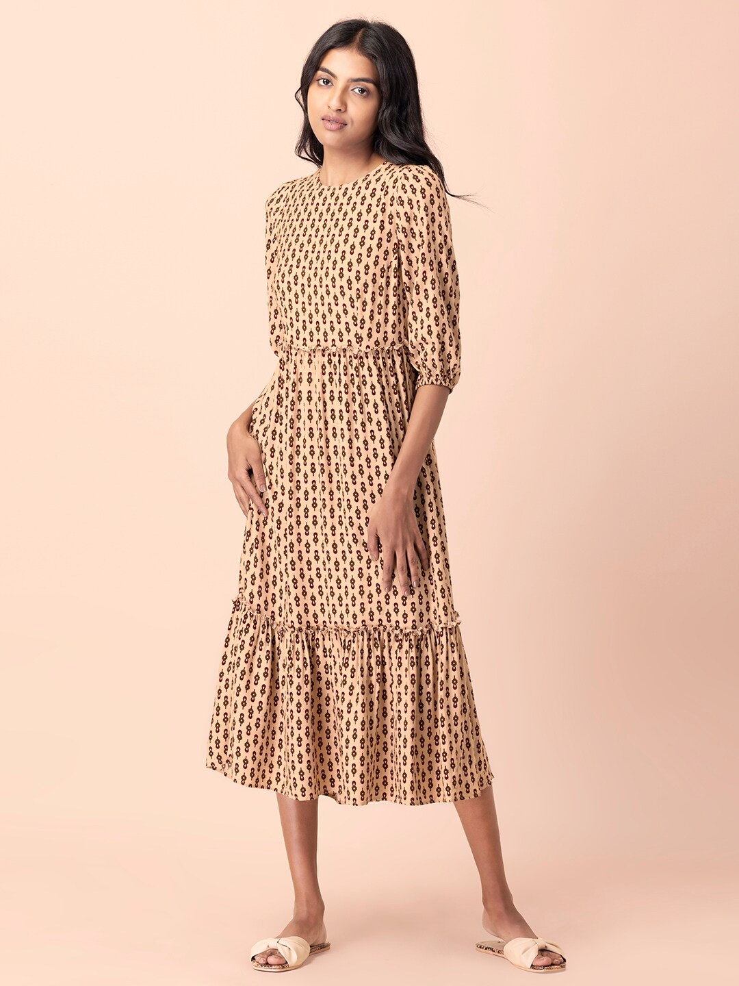 

INDYA Beige Floral A-Line Midi Dress