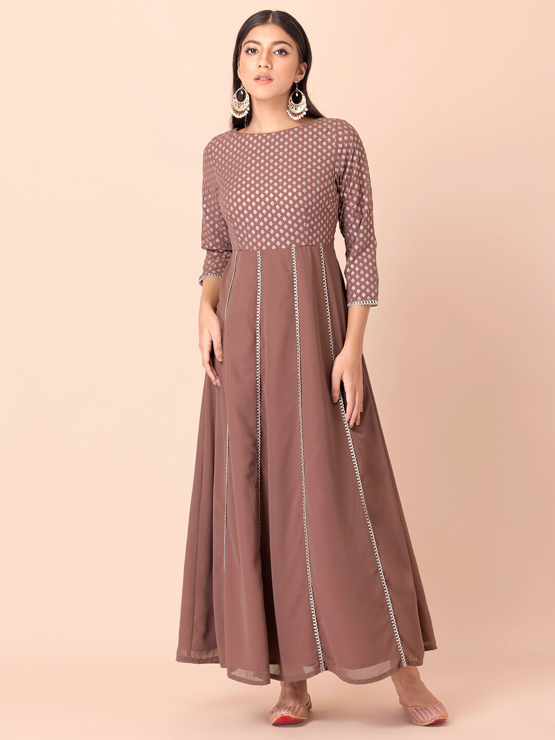 

INDYA Pink Georgette Floral Printed Ethnic Maxi Dress