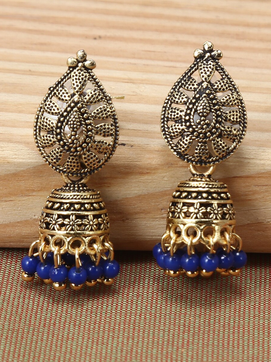 

Jewelz Gold-Toned & Blue Beads Dome Shaped Jhumkas
