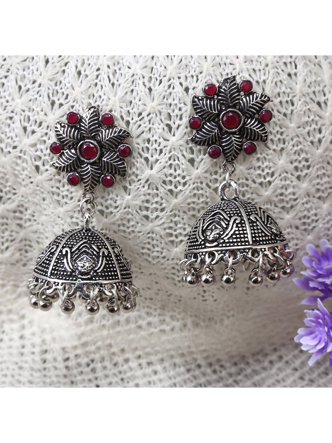 

Jewelz Maroon Rhodium-Plated Oxidised Contemporary Drop Earrings