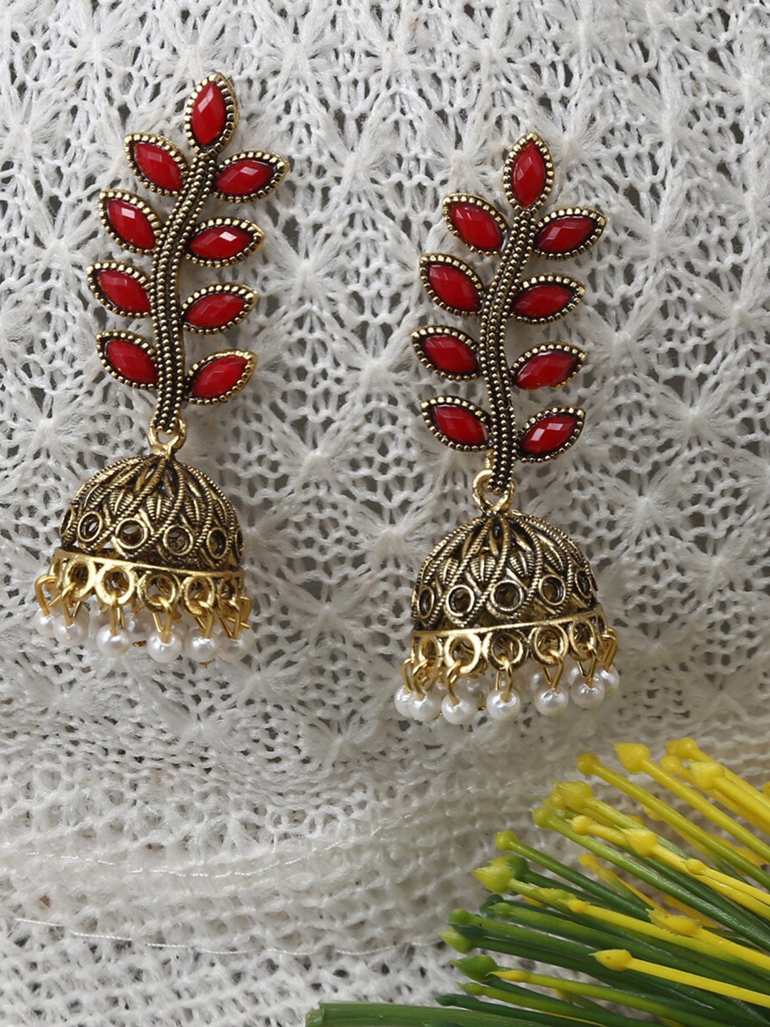 

Jewelz Gold-Toned & Maroon Leaf Shaped Jhumkas