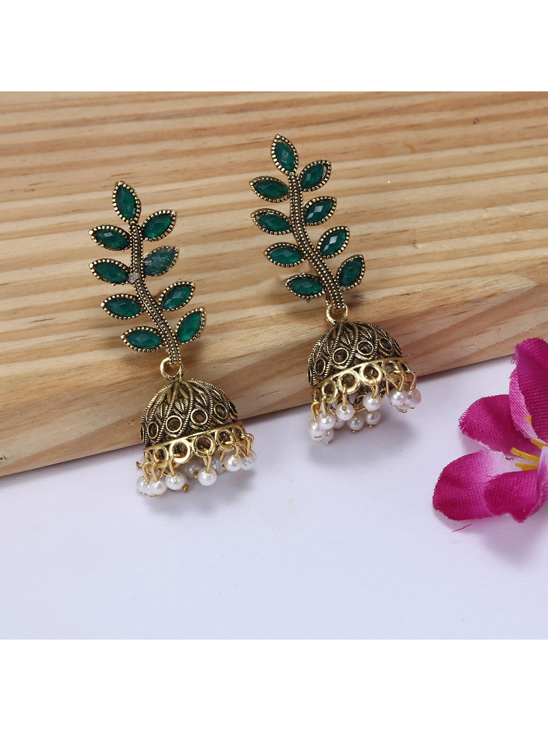 

Jewelz Green & Gold-Toned Dome Shaped Drop Earrings