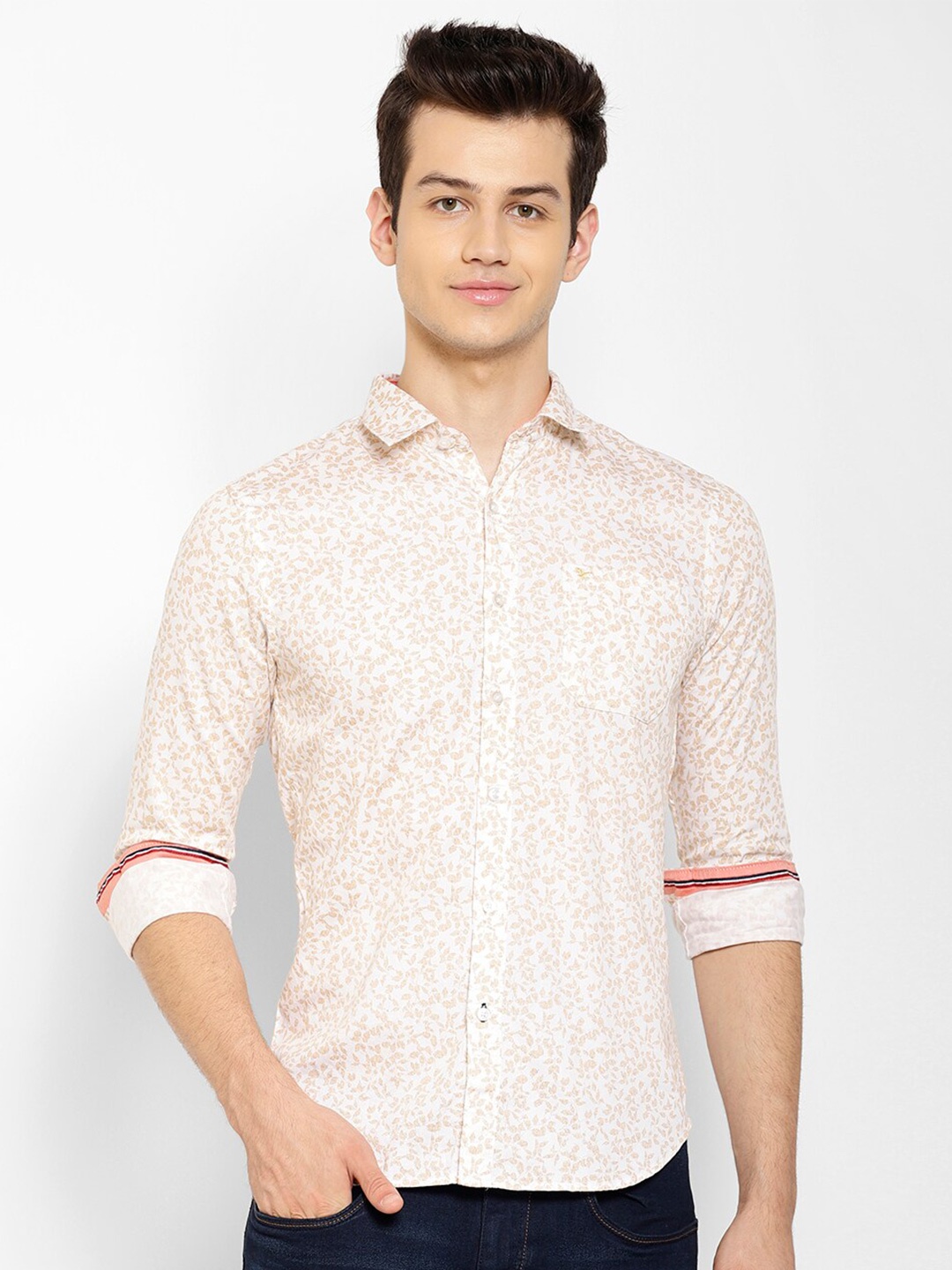 

cape canary Men Beige Smart Floral Printed Cotton Casual Shirt