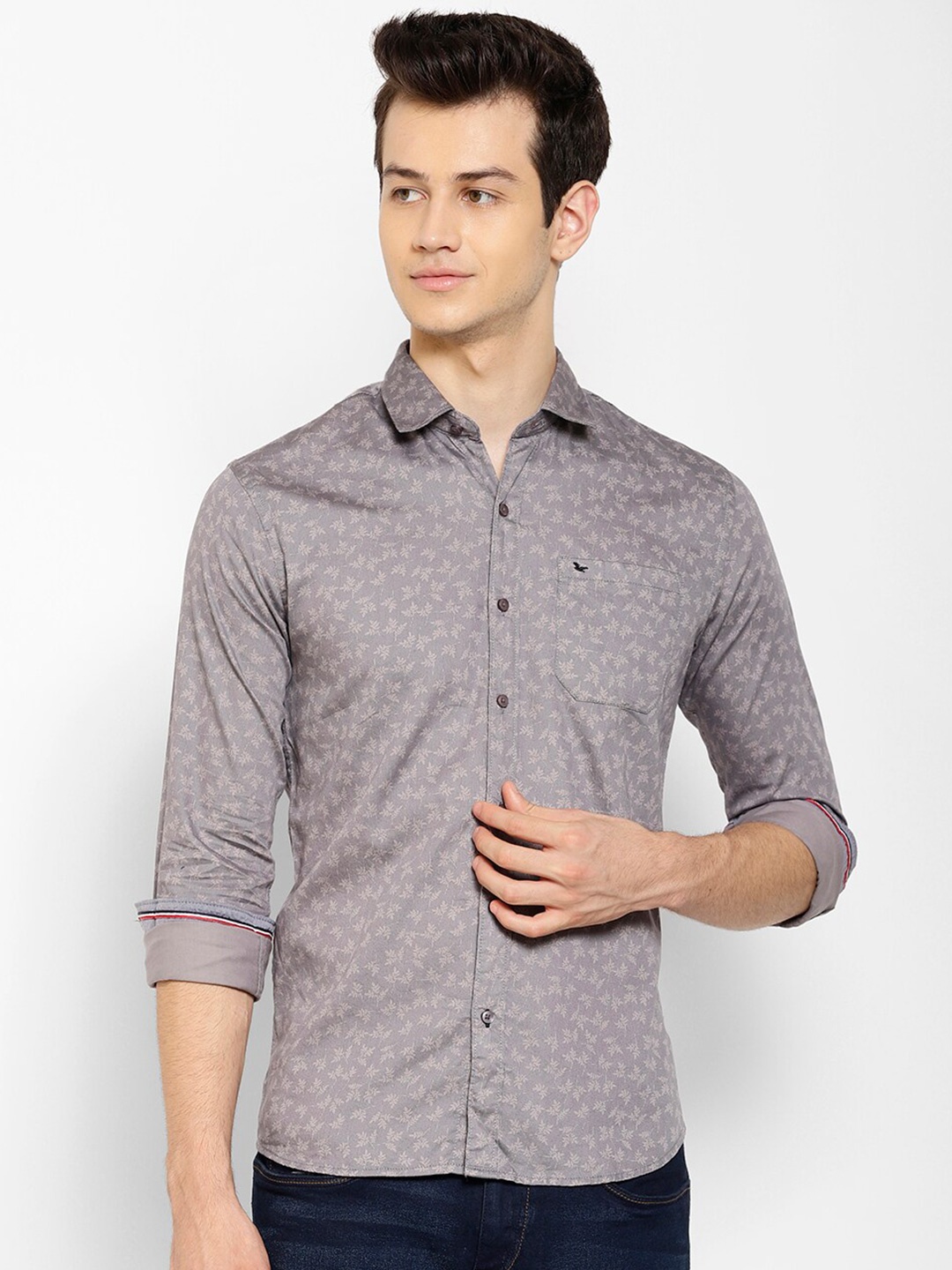 

cape canary Men Grey Smart Floral Printed Casual Cotton Shirt