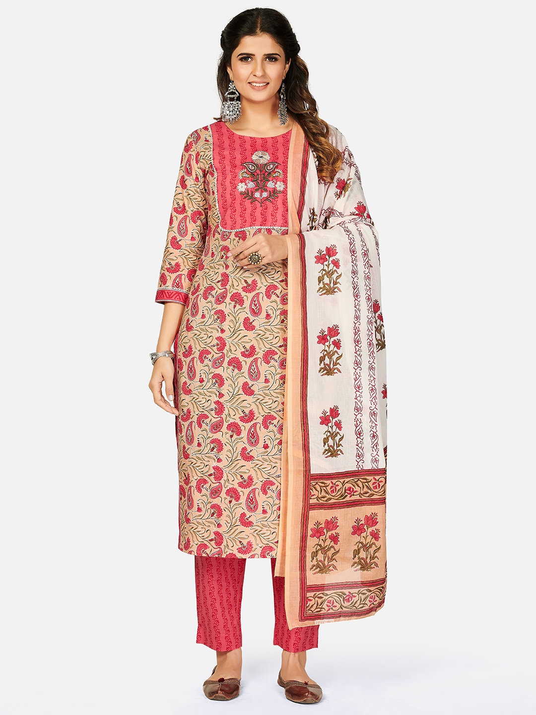 

Vbuyz Women Beige Printed Pure Cotton Kurta with Trouser & Dupatta