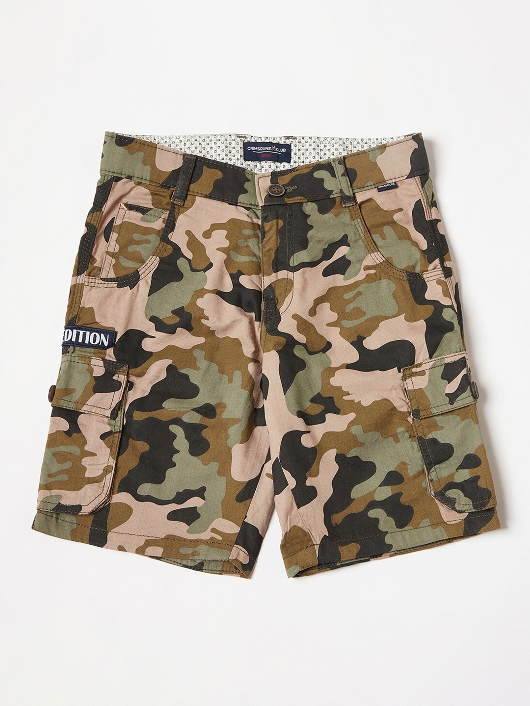 

Crimsoune Club Boys Olive Green Camouflage Printed Slim Fit Cargo Shorts