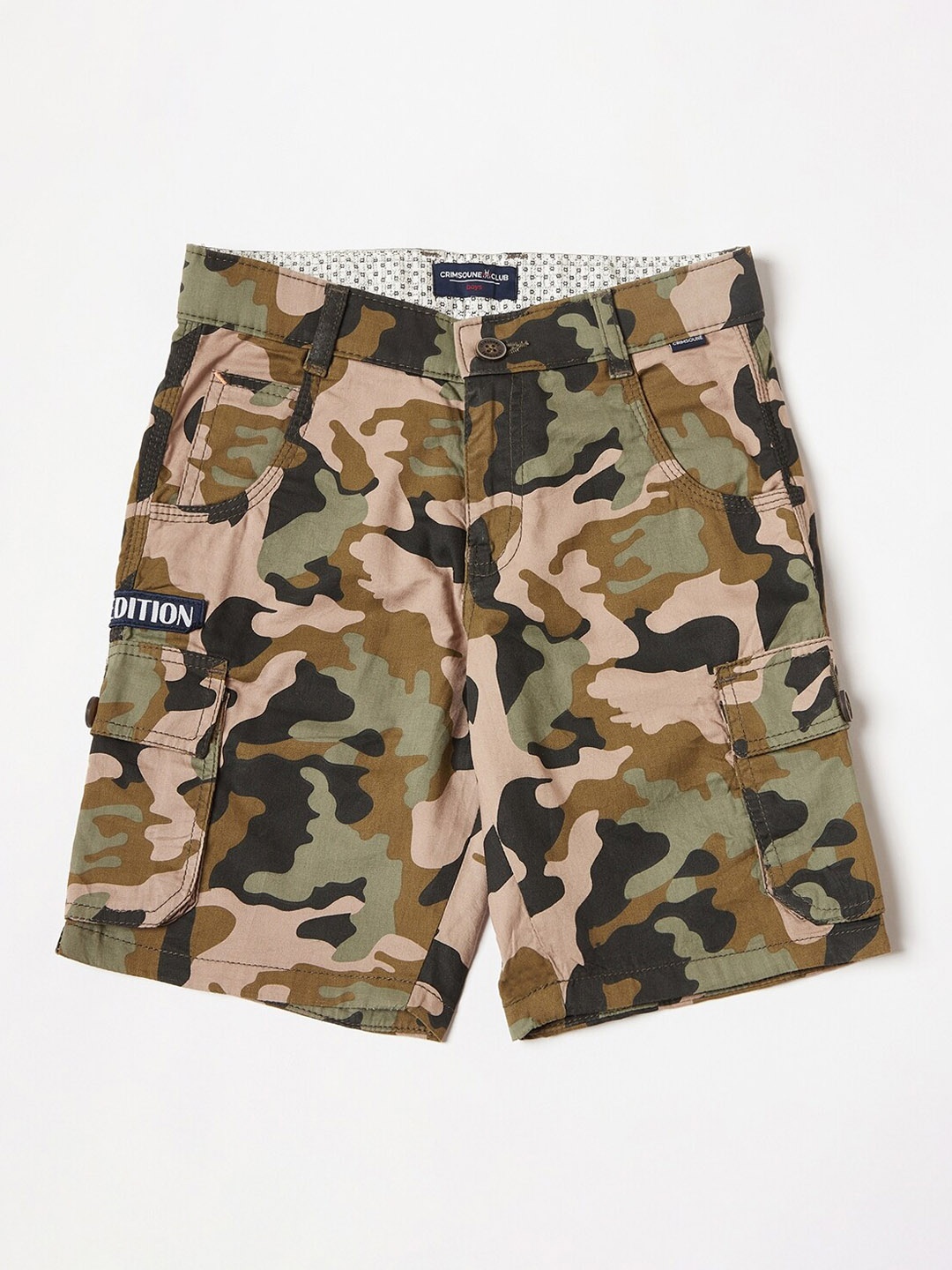 

Crimsoune Club Boys Olive Green Camouflage Printed Slim Fit Cargo Shorts