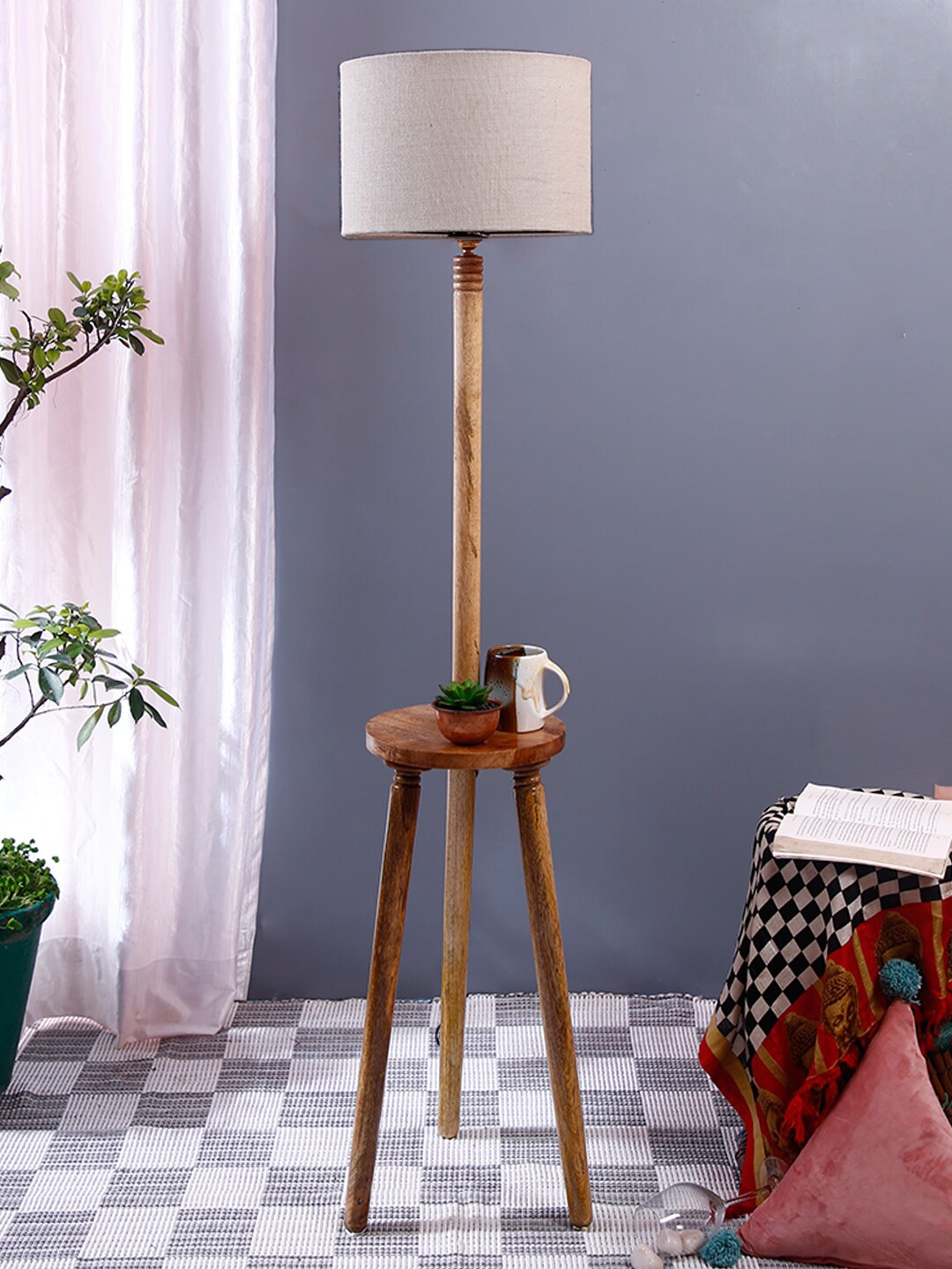 

Devansh Beige Solid Jute Drum With Wooden Table Floor Lamp