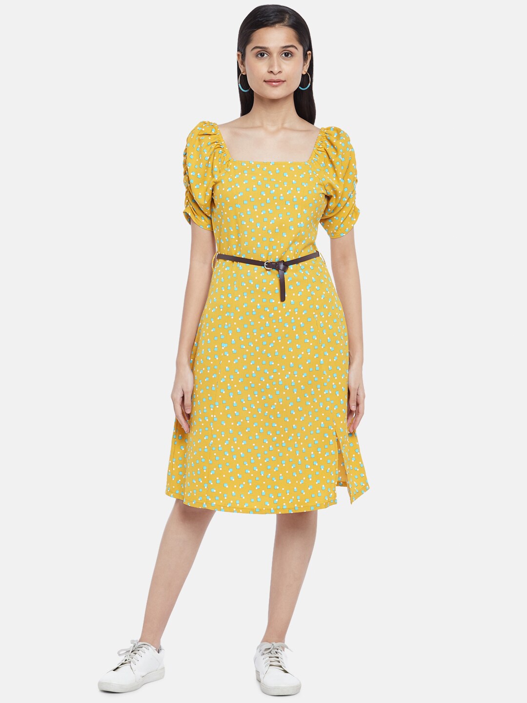 

People Women Mustard Yellow & Green Geometric Print A-Line Dress
