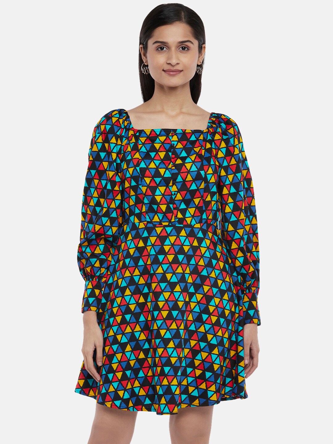 

People Women Multicoloured Geometric Print Pure Cotton A-Line Dress, Multi