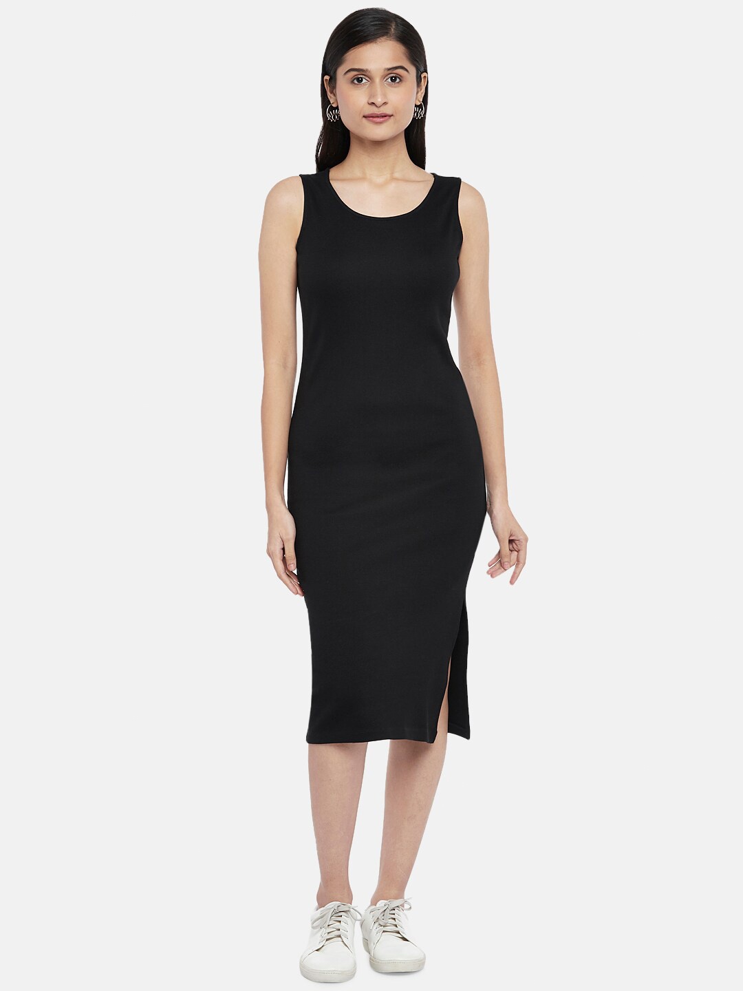 

People Women Black Solid Midi Front-Slit Pure Cotton Bodycon Dress