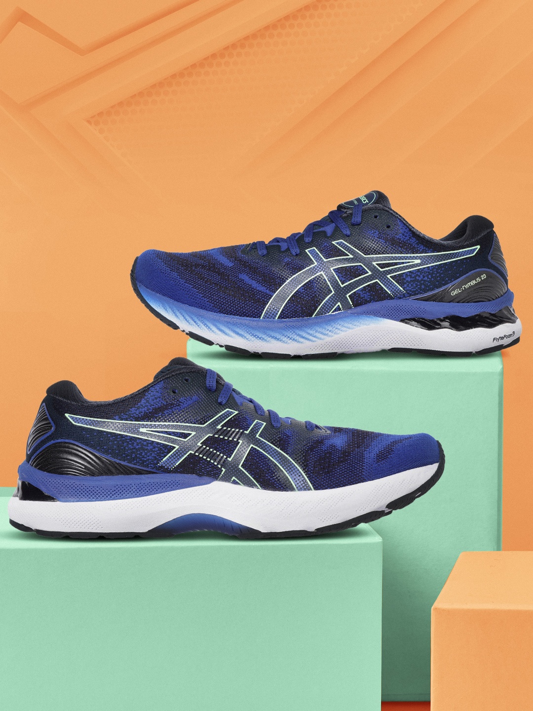 

ASICS Men Blue & Black Gel Nimbus 23 Flyte Foam Woven Design Running Shoes