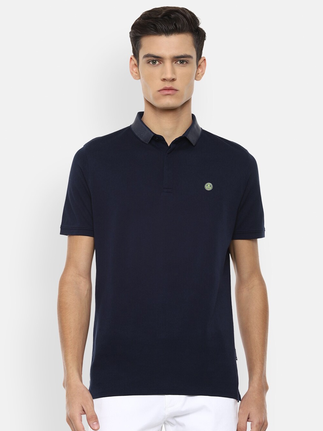

V Dot Men Navy Blue Solid Polo Collar Slim Fit Pure Cotton T-shirt