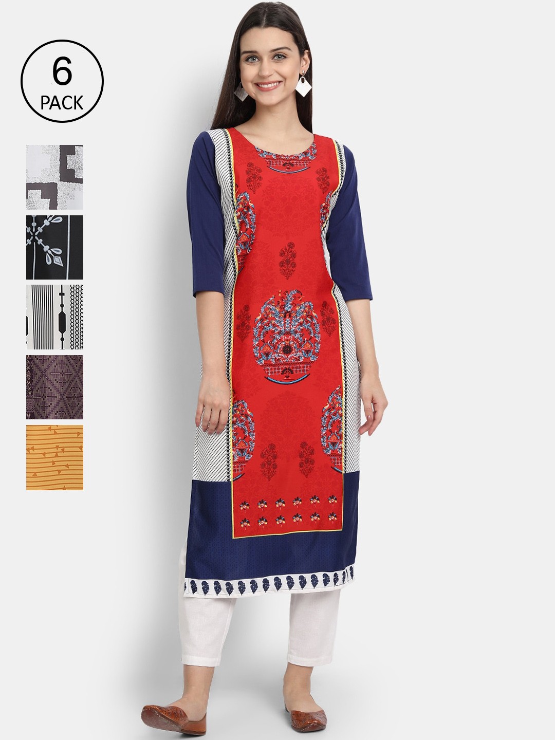 

1 Stop Fashion Women Pack Of 6 Ethnic Motifs Printed Kurta, Multi