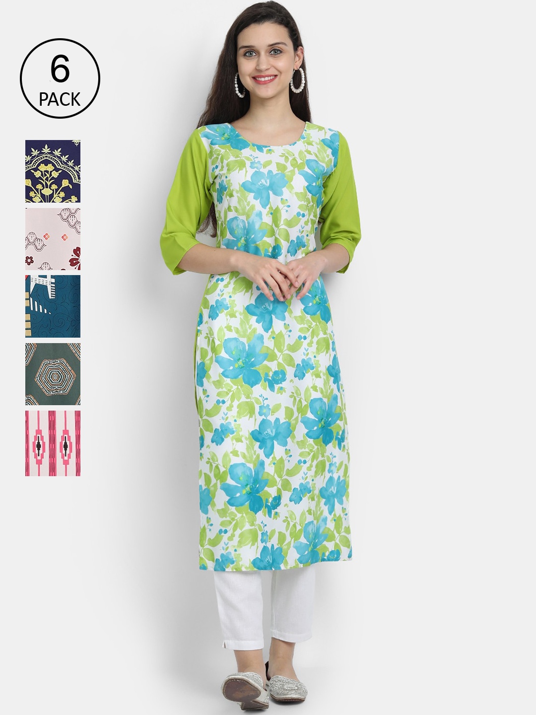 

1 Stop Fashion Women Pack Of 6 Multicoloured Geometric Printed Crepe Kurtas, Multi