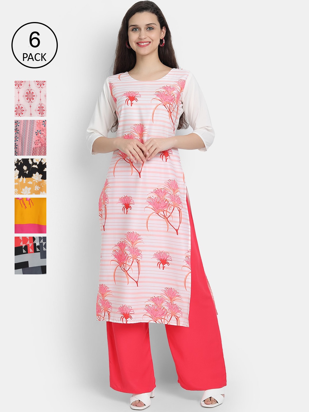 

1 Stop Fashion Women Pack Of 6 Digital Printed Crepe Kurta, Pink