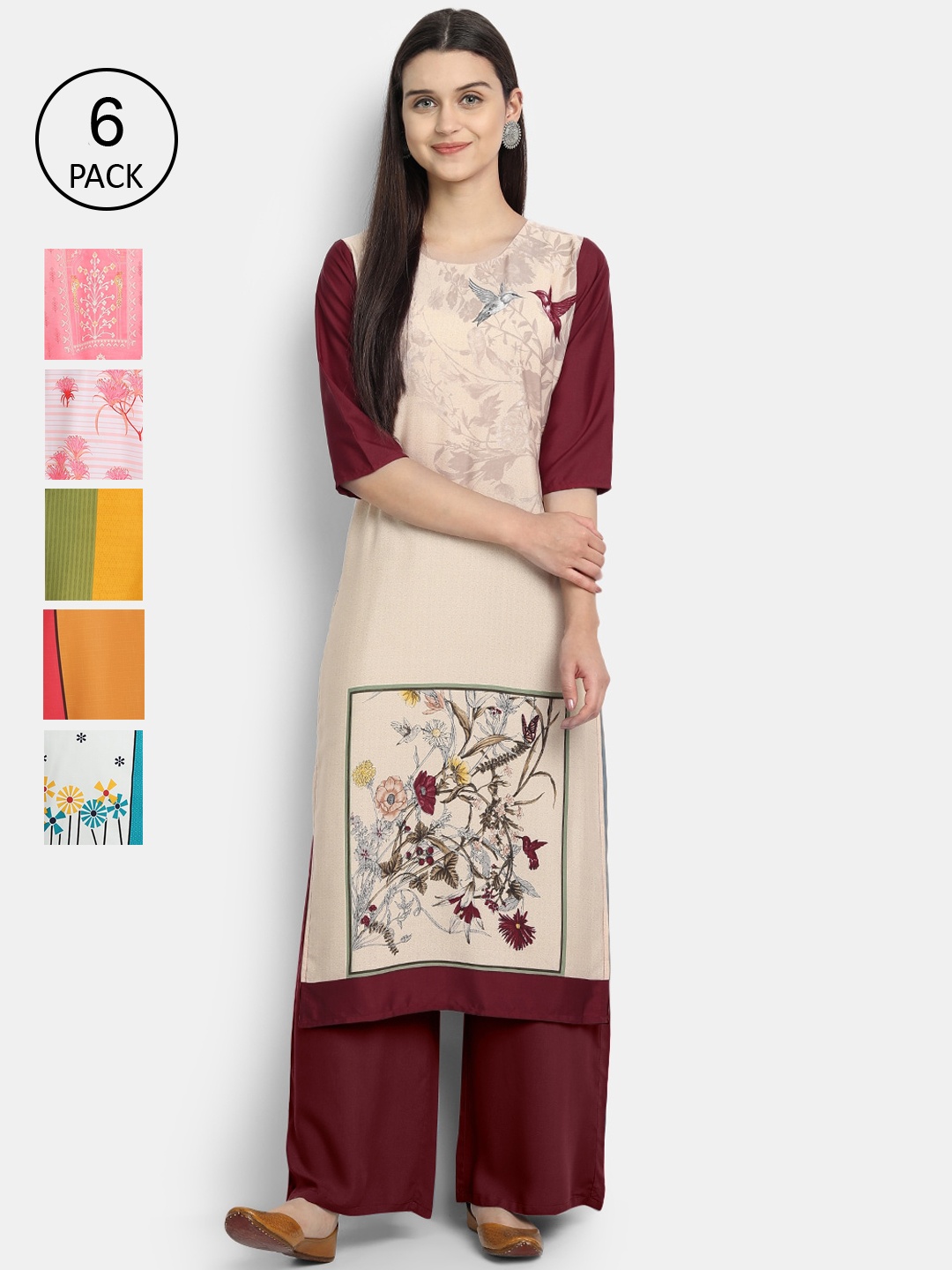 

1 Stop Fashion Women Pack of 6 Digital Printed Straight Kurtas, Cream