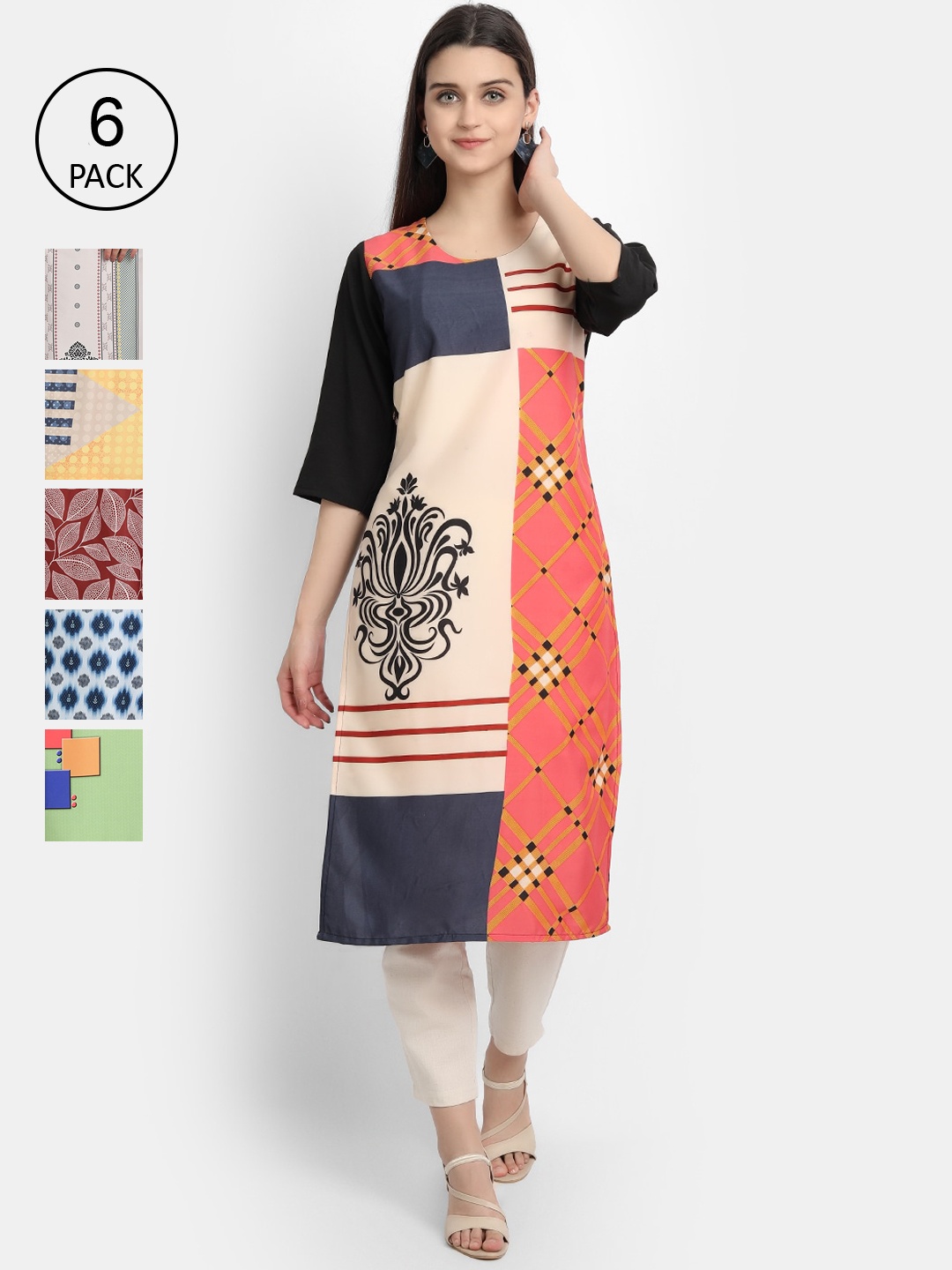 

1 Stop Fashion Women Pack Of 6 Multicoloured Digital Printed Crepe Kurta, Multi