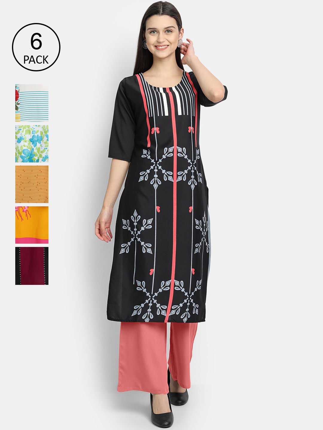 

1 Stop Fashion Women Pack Of 6 Multicoloured Digital Printed Crepe Kurta, Multi