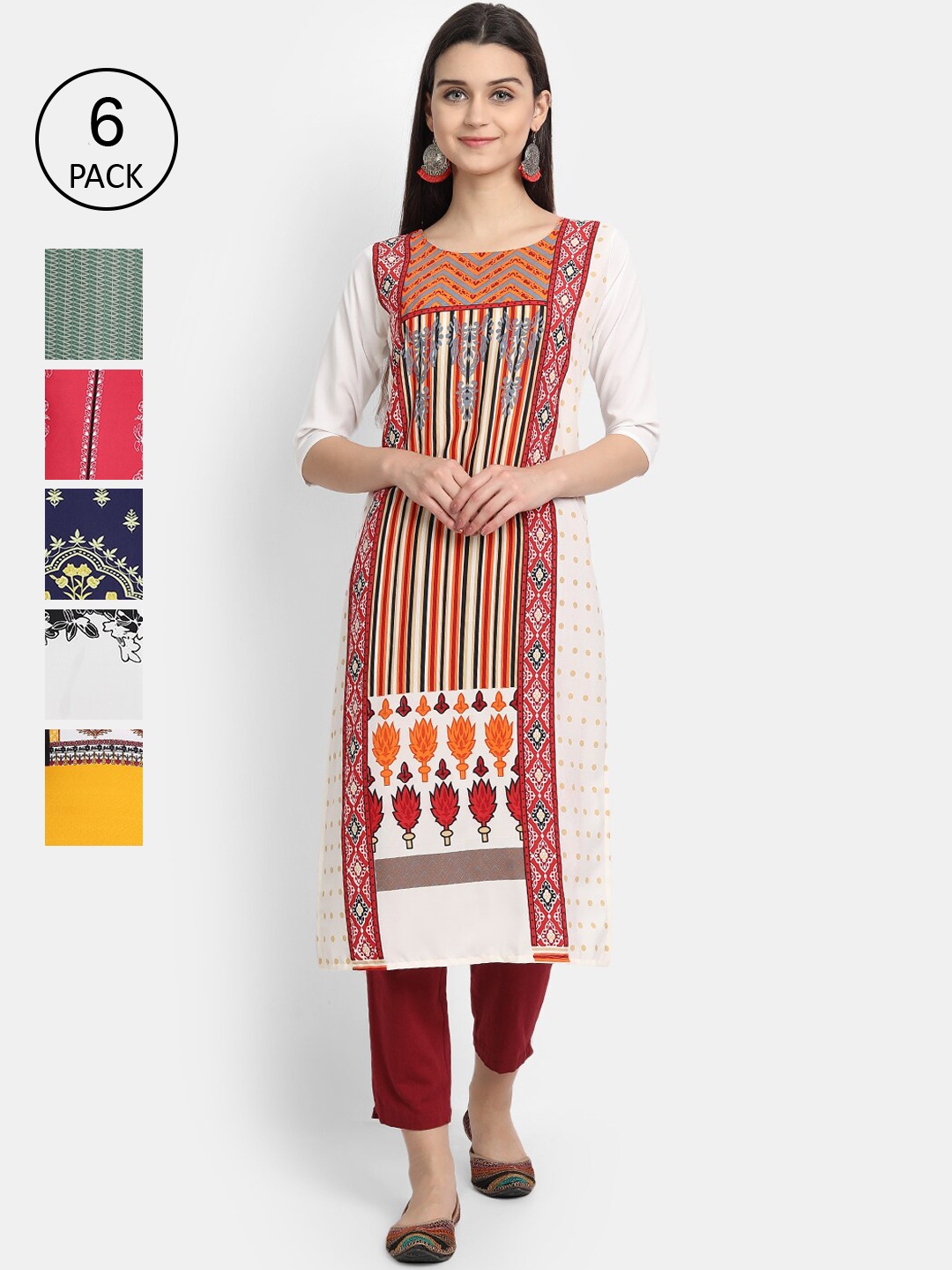 

1 Stop Fashion Woman Pack of 6 Multicoloured Geometric Printed Crepe Kurta, Multi
