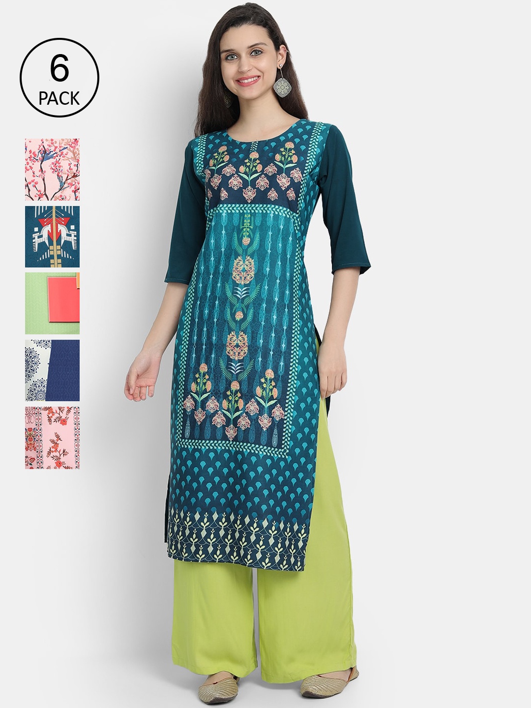 

1 Stop Fashion Women Pack Of 6 Multicoloured Digital Printed Crepe Kurta, Multi
