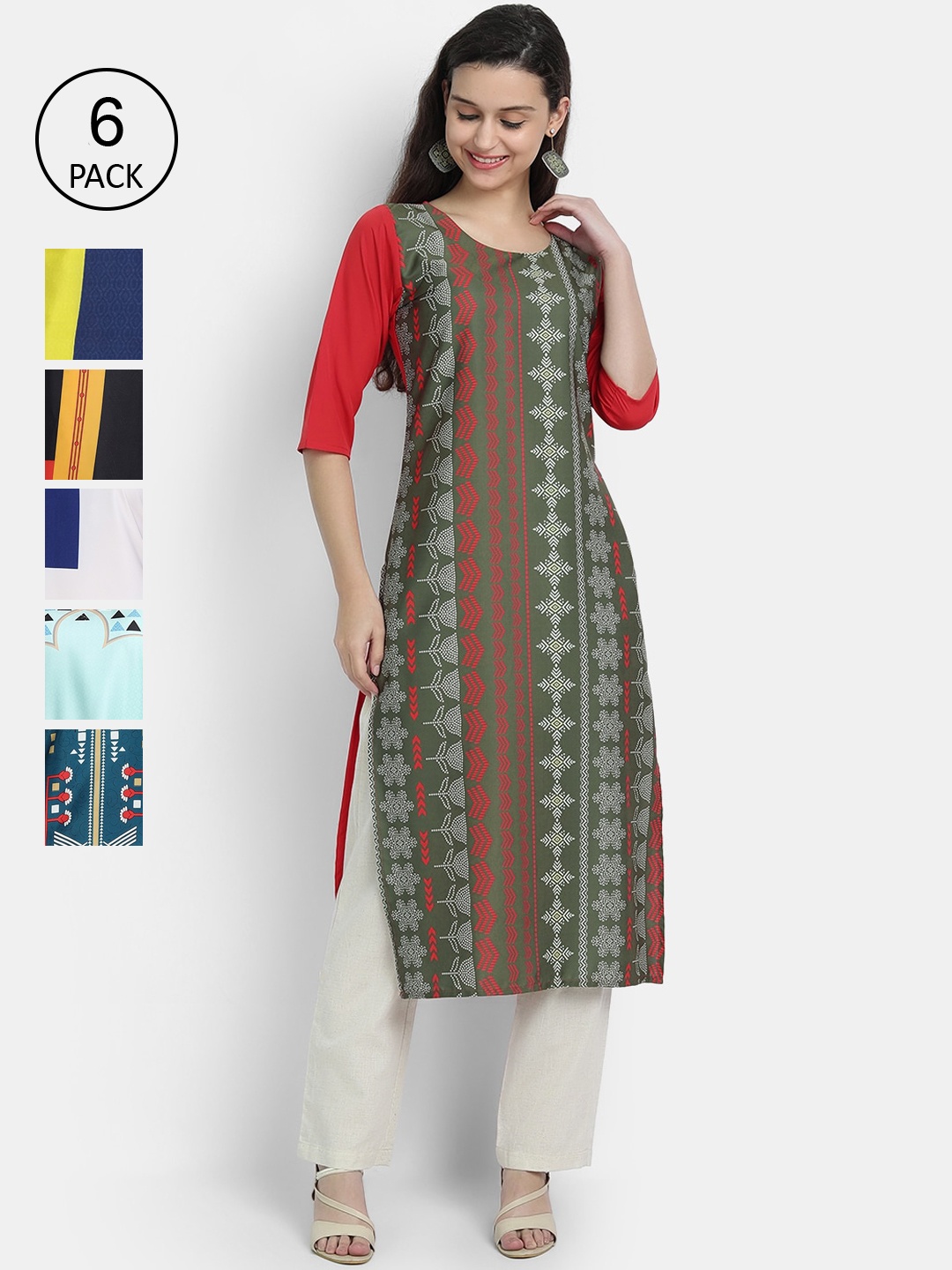 

1 Stop Fashion Women Pack Of 6 Multicoloured Digital Printed Crepe Kurta, Multi