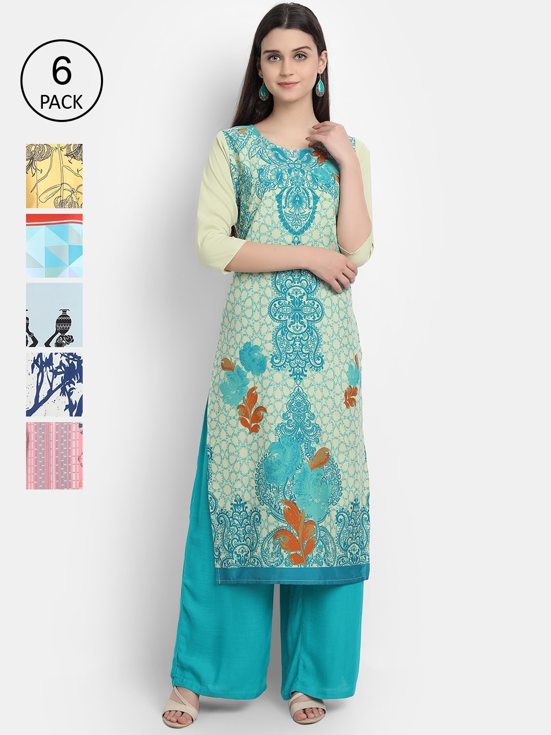 

1 Stop Fashion Women Pack Of 6 Multicoloured Digital Printed Crepe Kurta, Multi
