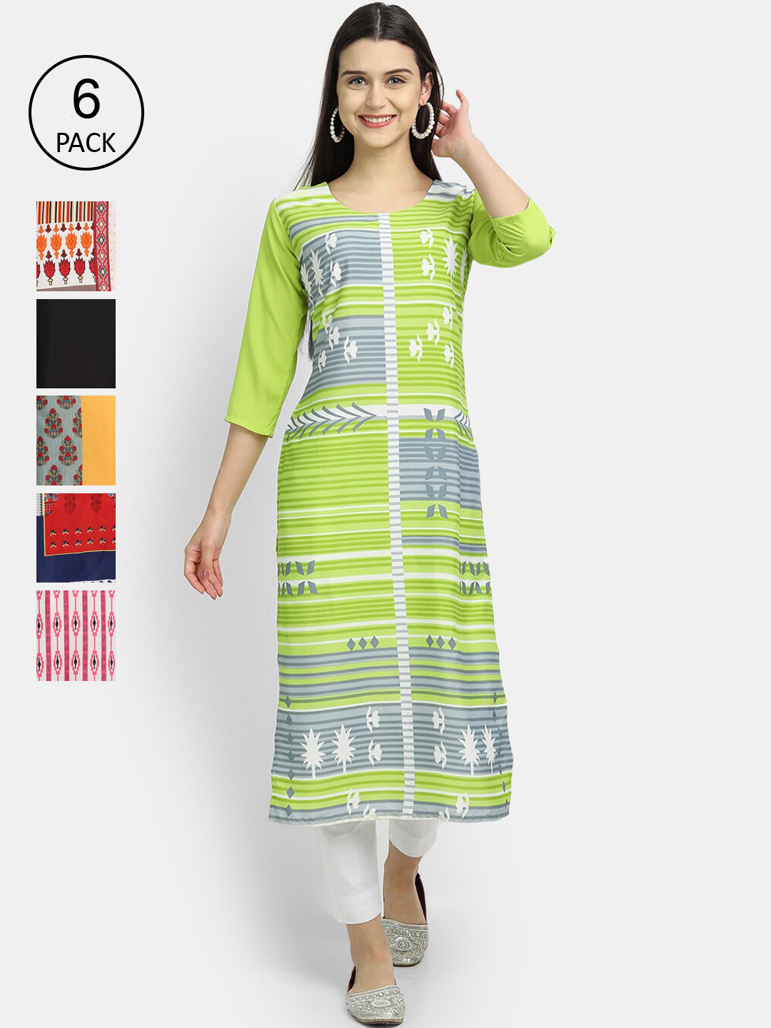 

1 Stop Fashion Women Pack of 6 Multicoloured Printed Crepe Straight Kurta, Multi