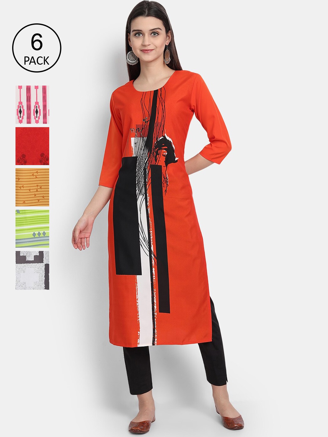 

1 Stop Fashion Women Pack of 6 Red & Green Printed Kurta