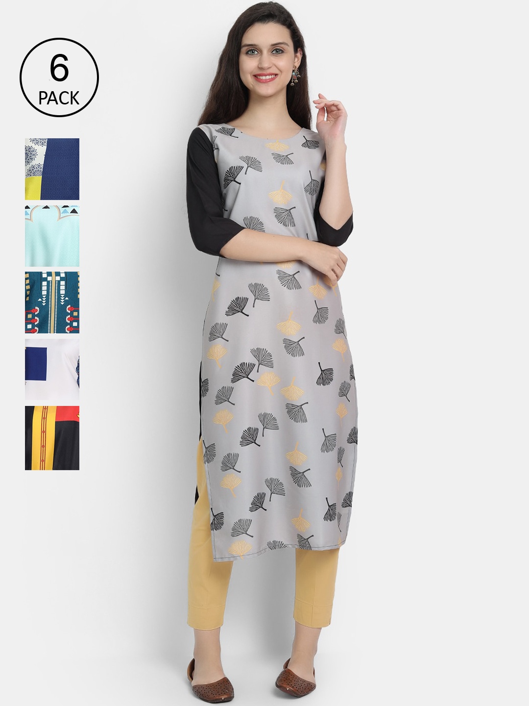 

1 Stop Fashion Women Pack Of 6 Multicoloured Digital Printed Crepe Kurta, Multi