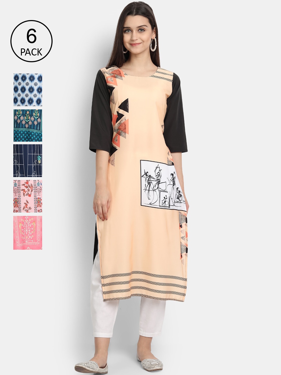 

1 Stop Fashion Woman Pack of 6 Multicoloured Geometric Printed Crepe Kurta, Multi